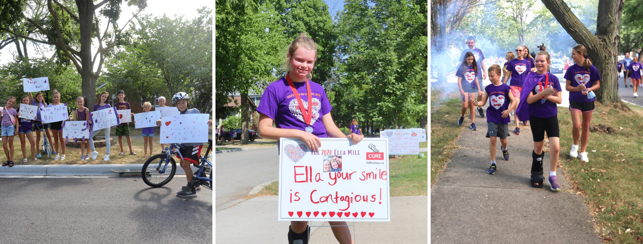 Three images, The first is a group of children wearing Ella Mile shirts. The second is of Ella herself standing behind a sign that says, "Ella, your smile is contagious." The third of of Ella and her family walking.