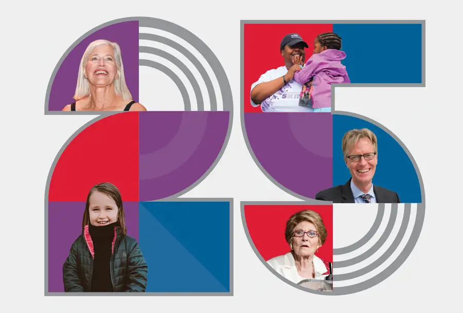 Number 25 is displayed with images of people in the epilepsy community with CURE Epilepsy brand colors, red, purple, and blue.