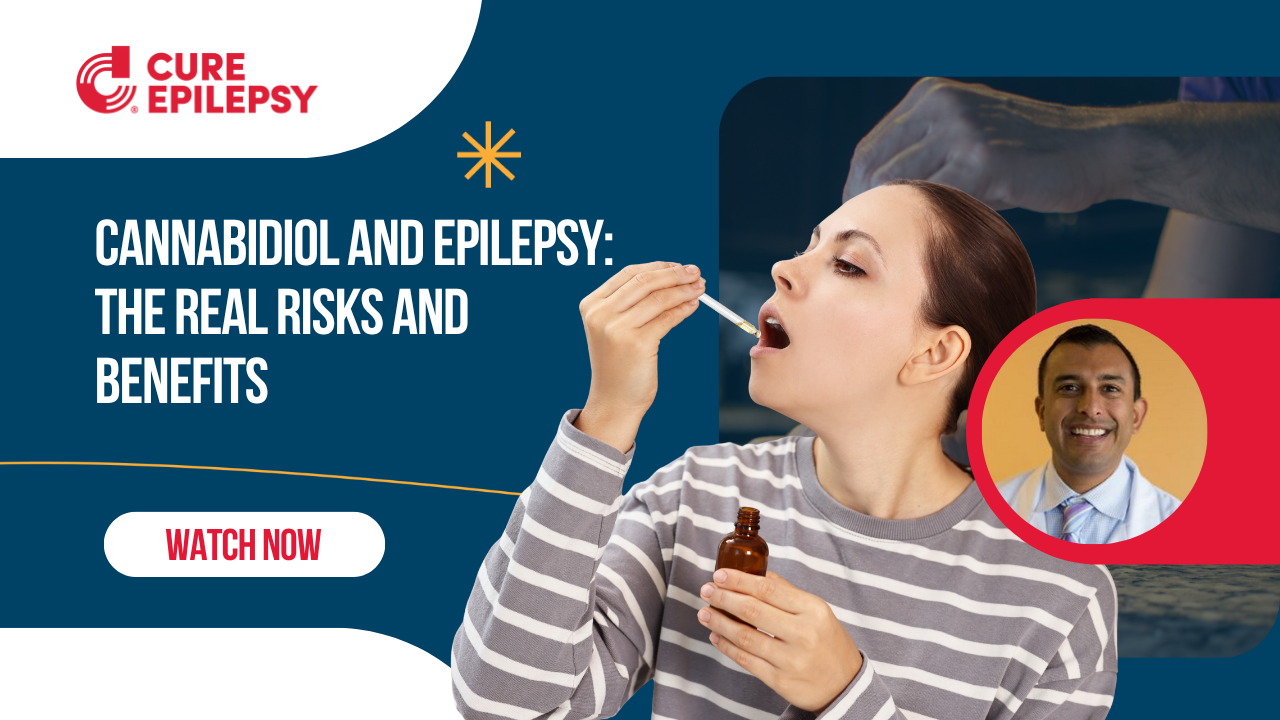 Cannabidiol and Epilepsy The Real Risks and Benefits webinar thumbnail with blue background and photo of woman taking CBD drops and photo of a Dr headshot with red frame in bottom corner
