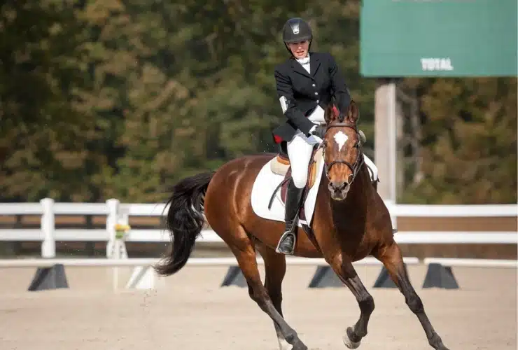 A woman riding a horse outdoors.