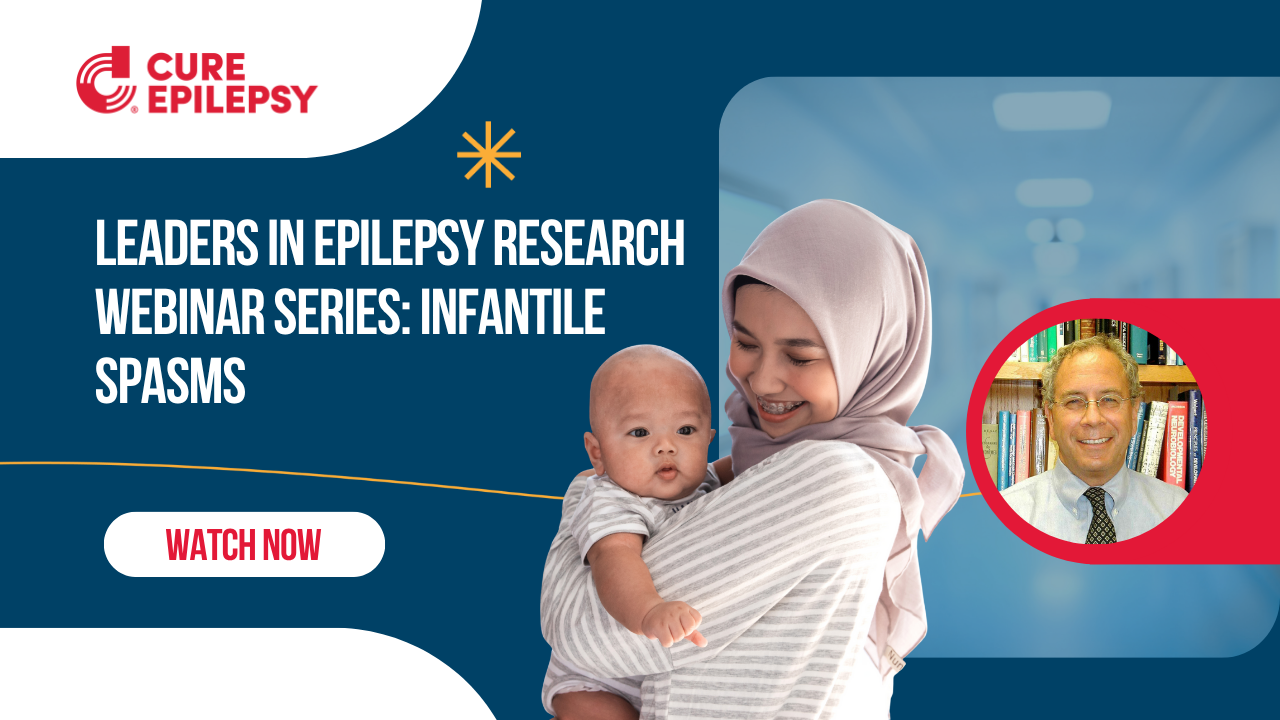 Infantile Spasms webinar thumbnail with mother holding her baby and a doctor's headshot framed in red at the bottom right