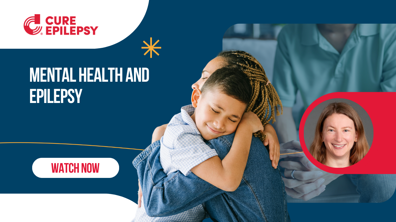Mental health and epilepsy titled webinar thumbnail with blue background and photo of boy hugging a woman. A womans headshot is framed in with red background