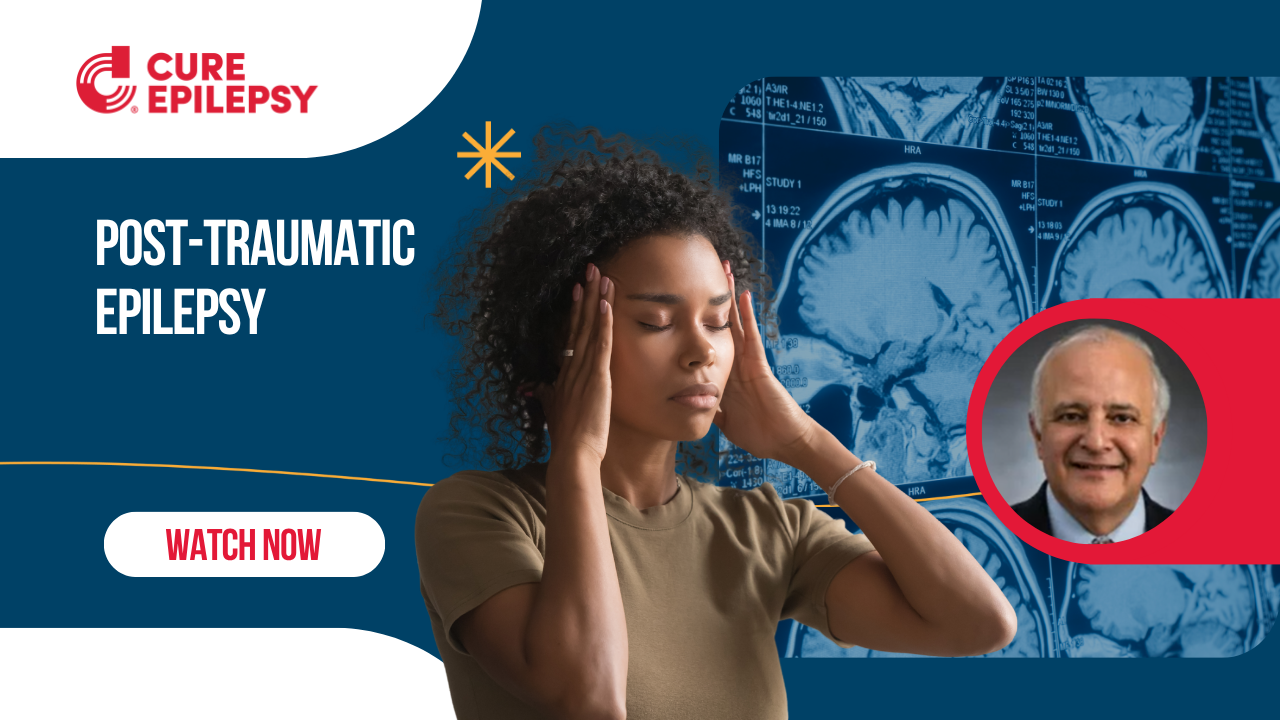 Post-Traumatic Epilepsy webinar thumbnail with woman holding her head and a doctor's headshot in bottom right corner with red frame around it
