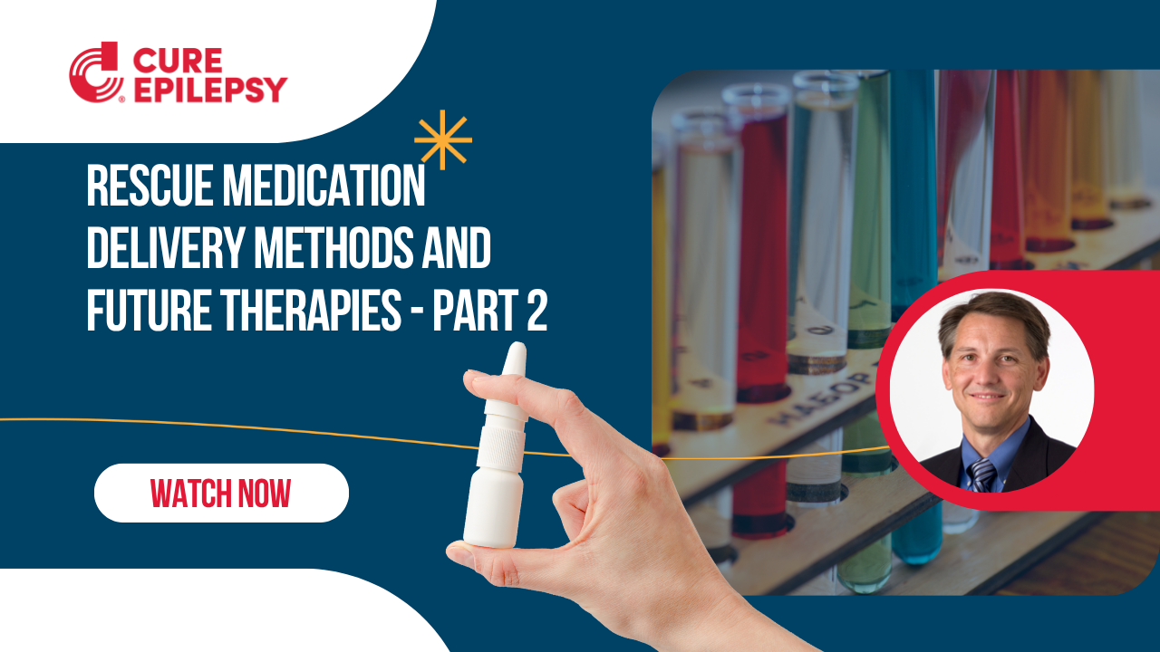 Rescue Medication Delivery Methods and Future Therapies webinar thumbnail with blue background, rescue medication, and doctor's headshot in bottom right corner framed in red