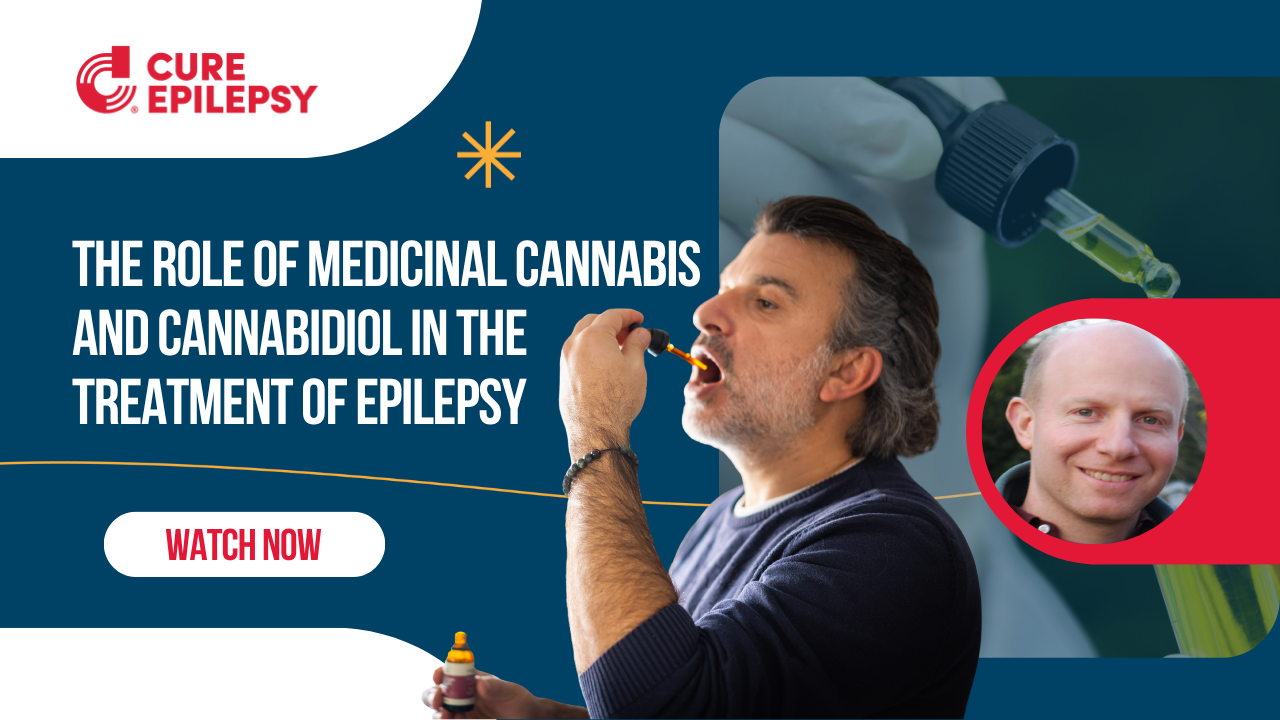 The Role of Medicinal Cannabis Cannibidoil and the Treatment of Epilepsy webinar thumbnail with photo of Dr. and man taking CBD