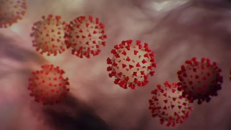 Microscopic view of virus-like spherical structures with red spikes on a blurred background.