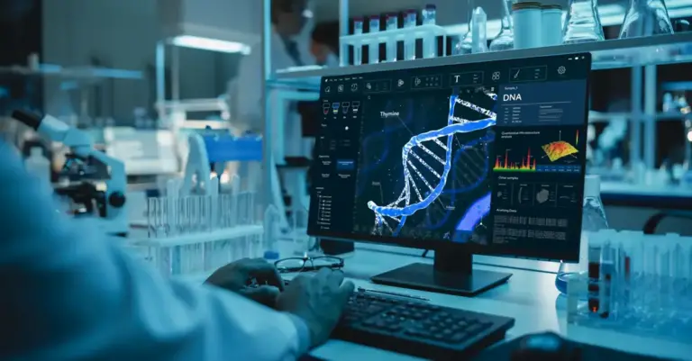 Doctor looks at data research on rare epilepsy syndromes.