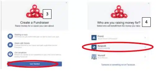 The Facebook fundraiser menu with icons and labels; "get started" and "nonprofit" sections are highlighted.