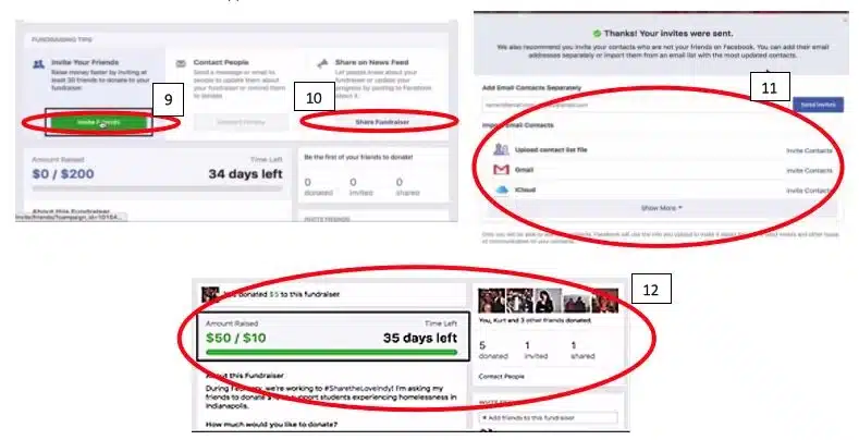 The Facebook fundraiser menu with icons and labels of important steps on 9, 10, 11, and 12 circled.
