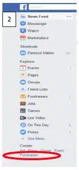The Facebook fundraiser menu with icons and labels; "fundraiser" section is highlighted.