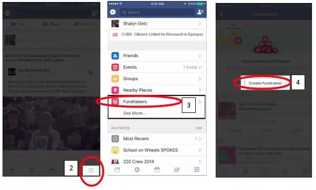 Screenshot of a Facebook fundraising tutorial with marked steps to access the fundraiser option.