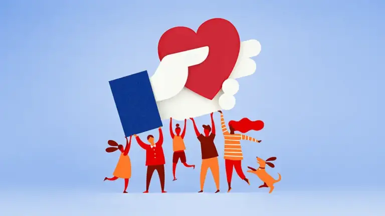 Illustration of a hand holding a red heart with people celebrating below.