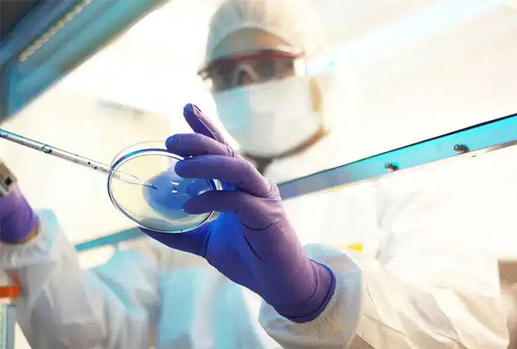 A scientist in a lab coat performing genetic testing in a laboratory setting, focused on research aimed at curing epilepsy.