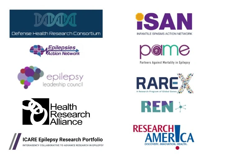 Logos of various health and research organizations related to epilepsy and health initiatives.