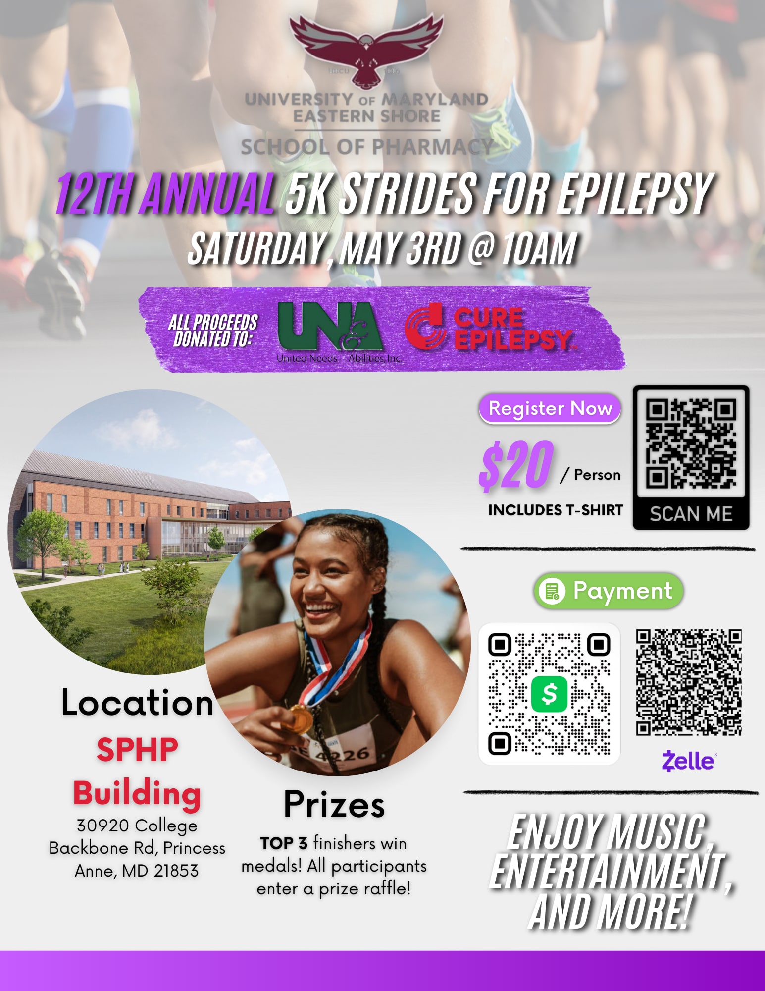 University of Maryland Eastern Shore School of Pharmacy 12th annual 5K strides for epilepsy promotional event graphic with registration details