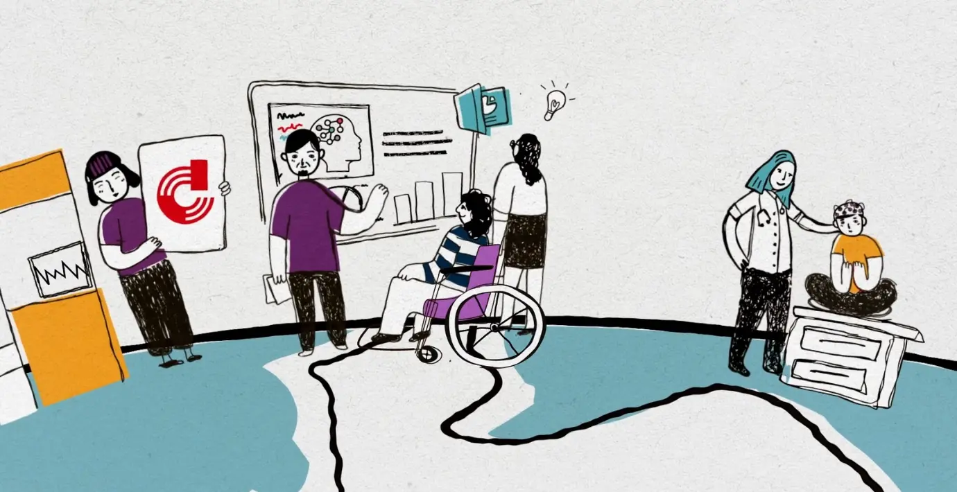 An illustration of researchers showing their findings to patients while standing on a globe.