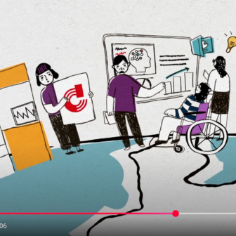 An illustration of researchers showing their findings to patients while standing on a globe.