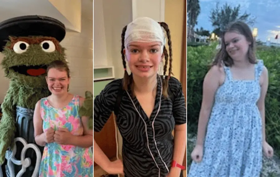 Three photos of teenager, Ella Cunneen. In one, Ella wears a flowery dress and poses for the camera with Oscar the Grouch. In the second, Ella's hair is in braids and her head is wrapped in a bandage. In the third photo, Ella stands smiling in a park, wearing a nice, spring dress.