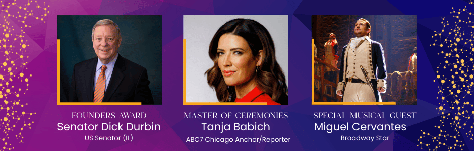 Graphic featuring the event's key speakers, Senator Dick Durbin, reporter Tanja Babich, and Broadway star Miguel Cervantes.